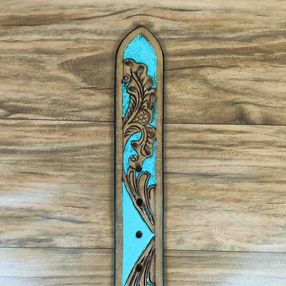 Turquoise Tooled Leather Western Belt: Floral Scrollwork, Antique Brass Buckle - Picture 6 of 12